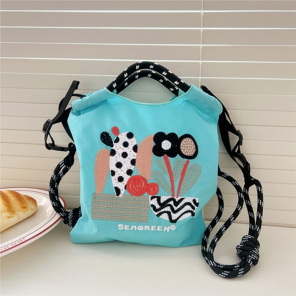 Japanese Style BallChain Same Style Eco-Friendly Embroidered Shopping Bag Nylon Fabric Floral Handheld Niche Fashion Shopping Bag