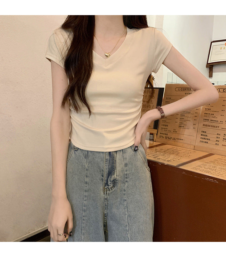 White Slim Fit Ruched t Women's Summer T-shirt2024New design with a structured shoulder and waist-cinching effect for a slimming look V Collar Short Sleeve Top