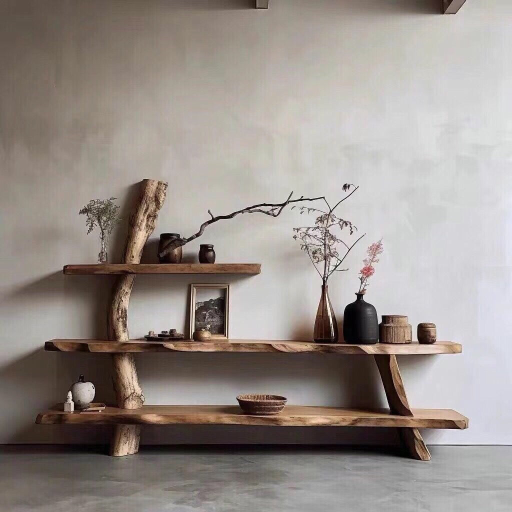 Wabi-Sabi Style Camphor Wood Solid Wood Display Cabinet Tea Storage Cabinet Natural Wood Multi-Functional Storage Rack