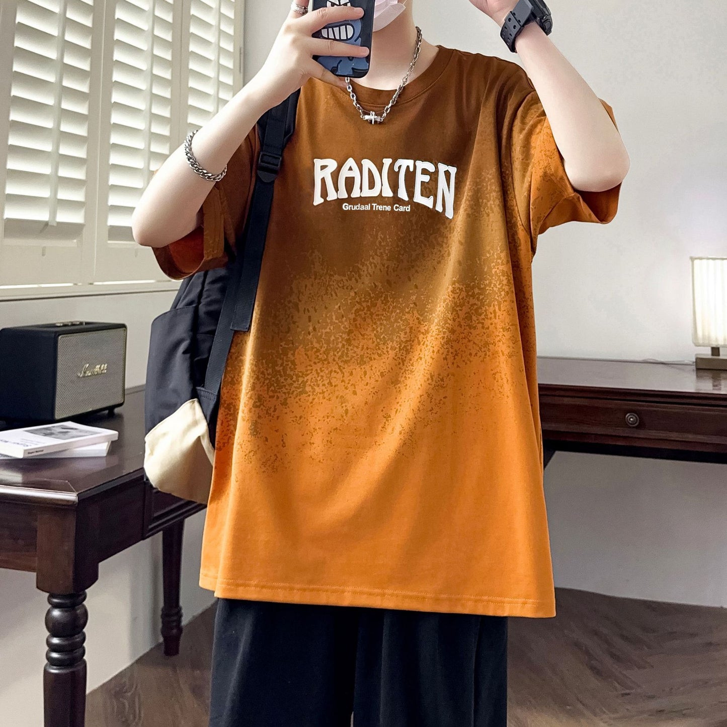 2025Summer New Men's Youth Casual Stylish Trendy Loose Short Sleeve T Shirt Gradient Color for Middle and High School Students