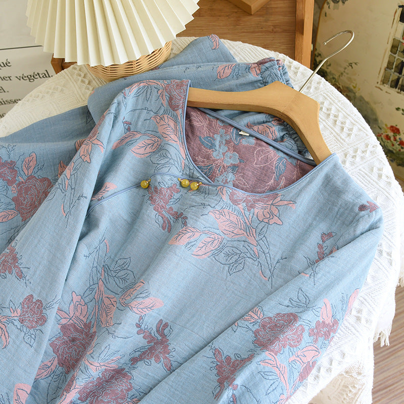 Women's Pearl Button Color Woven Jacquard National Style Pajamas Spring Four Seasons Thin Round Neck Pullover Homewear Set Suitable for Outerwear