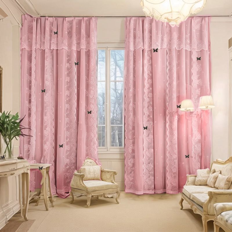 New Cream Style Curtains Cozy Bedroom Blackout Lace Double Layer Fabric Sheer Integrated Bay Window Floor-to-Ceiling Thickened High-End