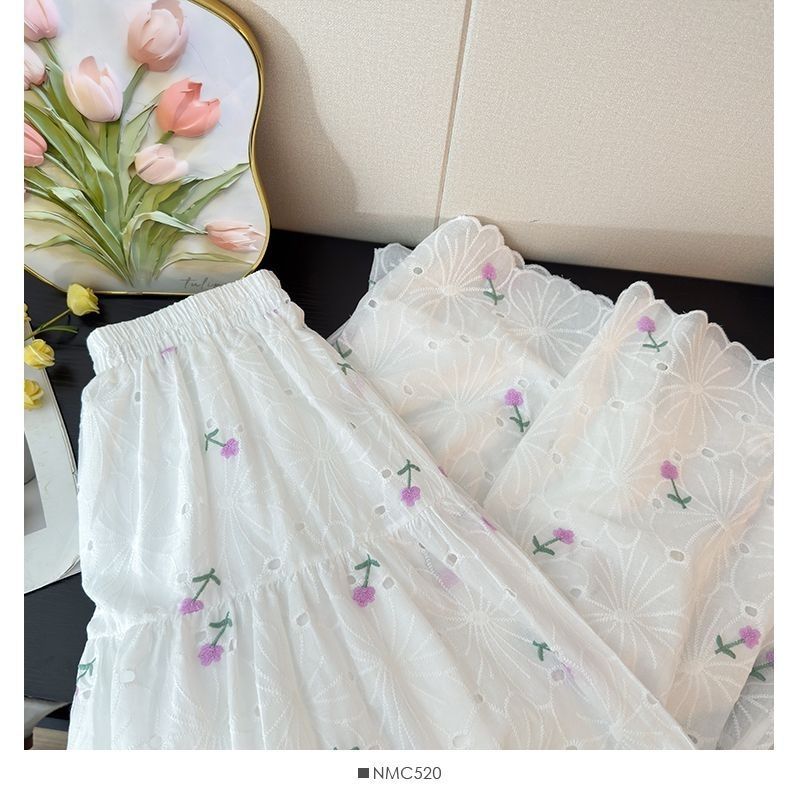 Embroidered Mesh High Waist Sweet2025New Floral Print Midi Skirt Spring Slimming Patchwork Long Skirt