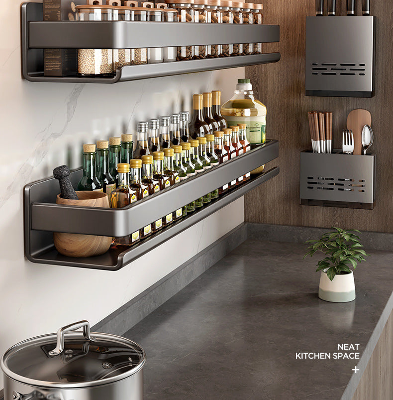 Wall-Mounted Stainless Steel Kitchen Storage Rack Multi-Functional Organizer Tool No-Drill Hanging Rack Spice Rack