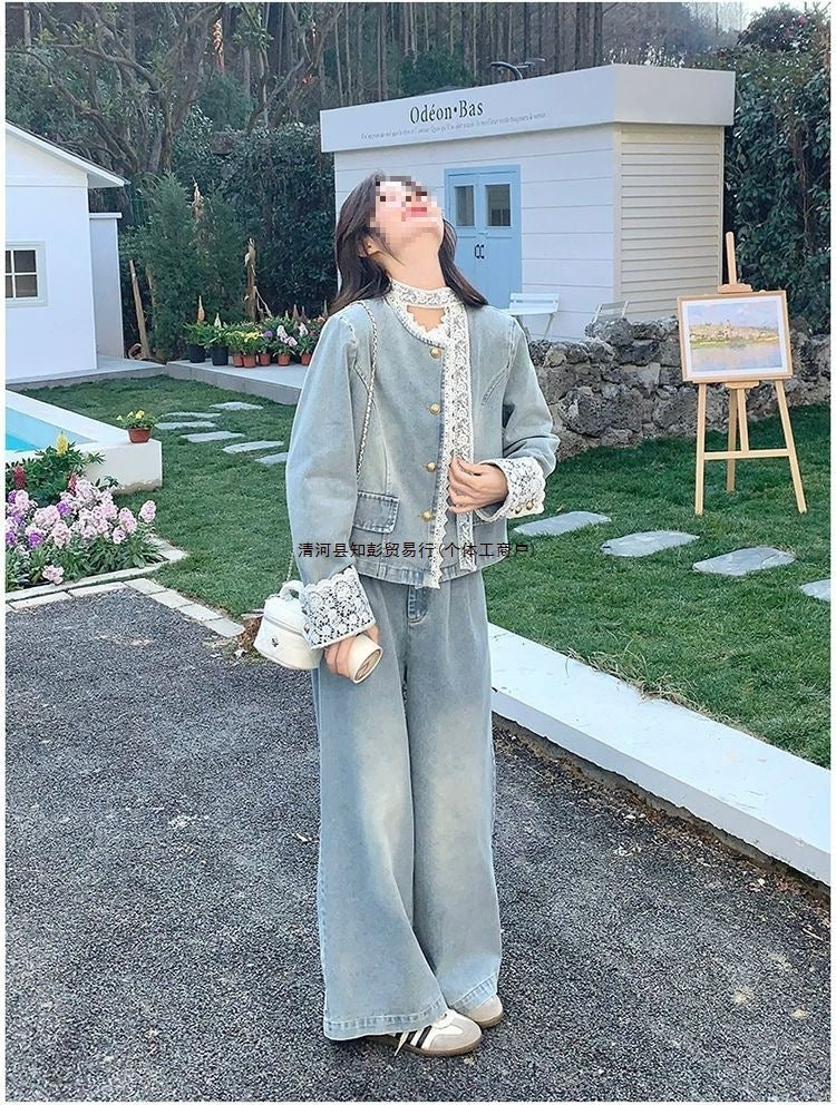 Lace patchwork denim wide-leg pants set for women spring and autumn2025The new two-piece set is absolutely stunning and super trendy