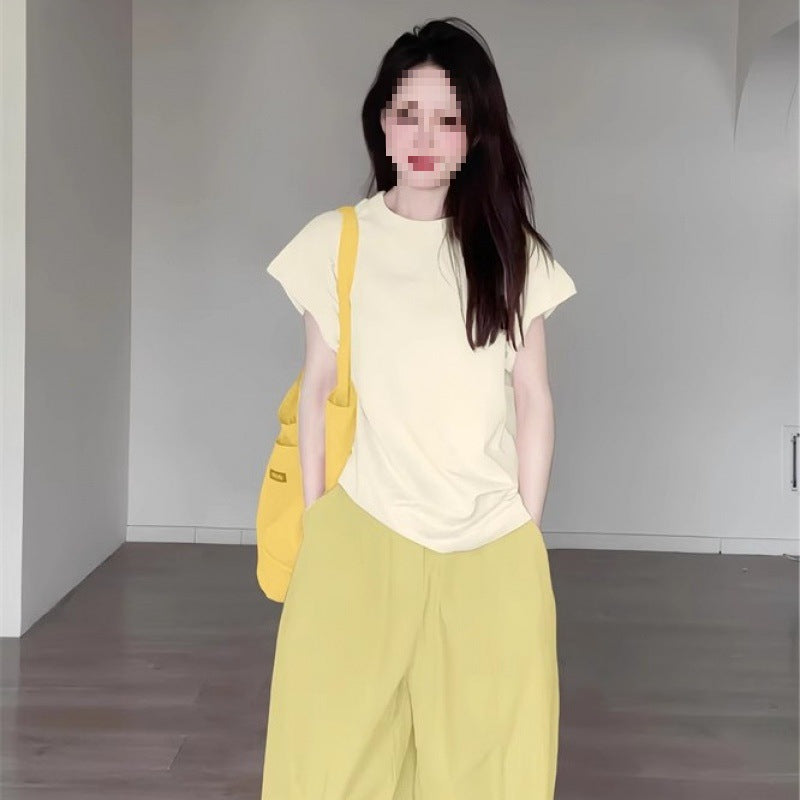 Summer Dopamine Full Set Shirt Wide-Leg Pants Two-Piece Set Lazy Style Fashion Casual Thin Suit for Petite Women