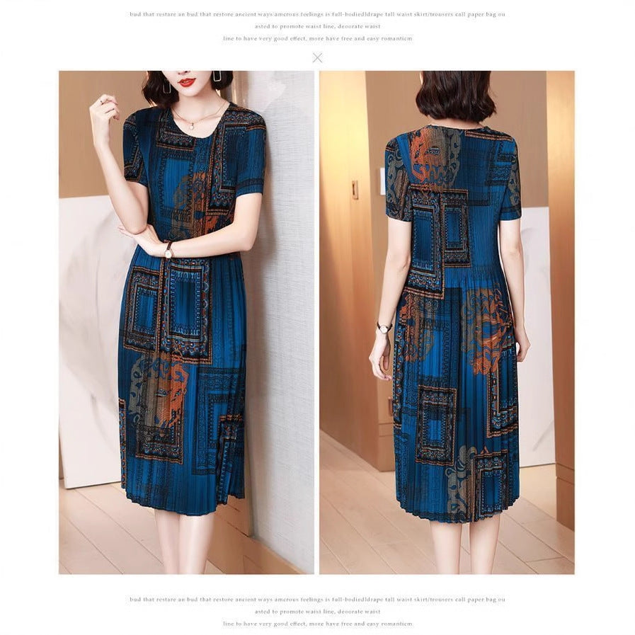 Pleated Printed Short Sleeve Mid-Length Mom Dress2025Summer Retro Round Neck Casual Loose Plus Size Dress
