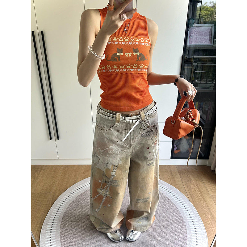Colorful Inkjet Heavy Pattern Printed Jeans for Women, Unique Design, Loose Straight Wide-Leg Floor-Length Pants