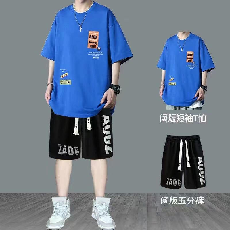 Summer Teenage Suit Boys Short Sleeve T T-shirt Short Sleeve New Style High School Student Trendy Casual Sports Two Pieces