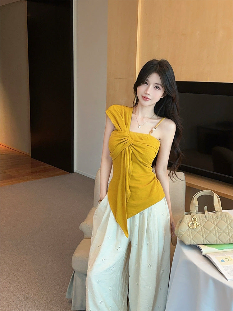 Pure Desire Hot Girl Off-Shoulder Twist t Women's T-shirt2025Summer New Slim Fit Fashionable Unique Design Top