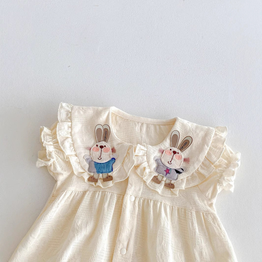 2025New Pure Cotton Girls Summer Clothes Sleeve Three-dimensional Rabbit Doll Collar Lace Baby Harness Fashionable Princess Climbing Clothes