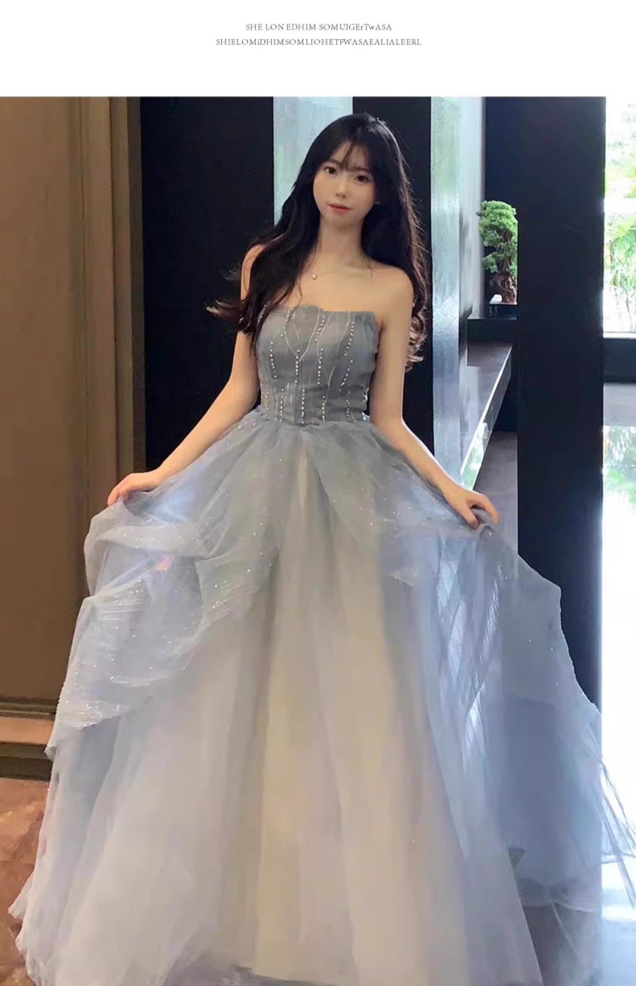Blue Strapless Dress Puff Skirt Runaway Princess Fairy Dress Light Luxury High-end Evening Dress Host Slim Fit Elegant