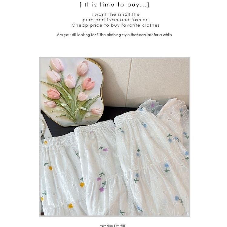 Embroidered Mesh High Waist Sweet2025New Floral Print Midi Skirt Spring Slimming Patchwork Long Skirt