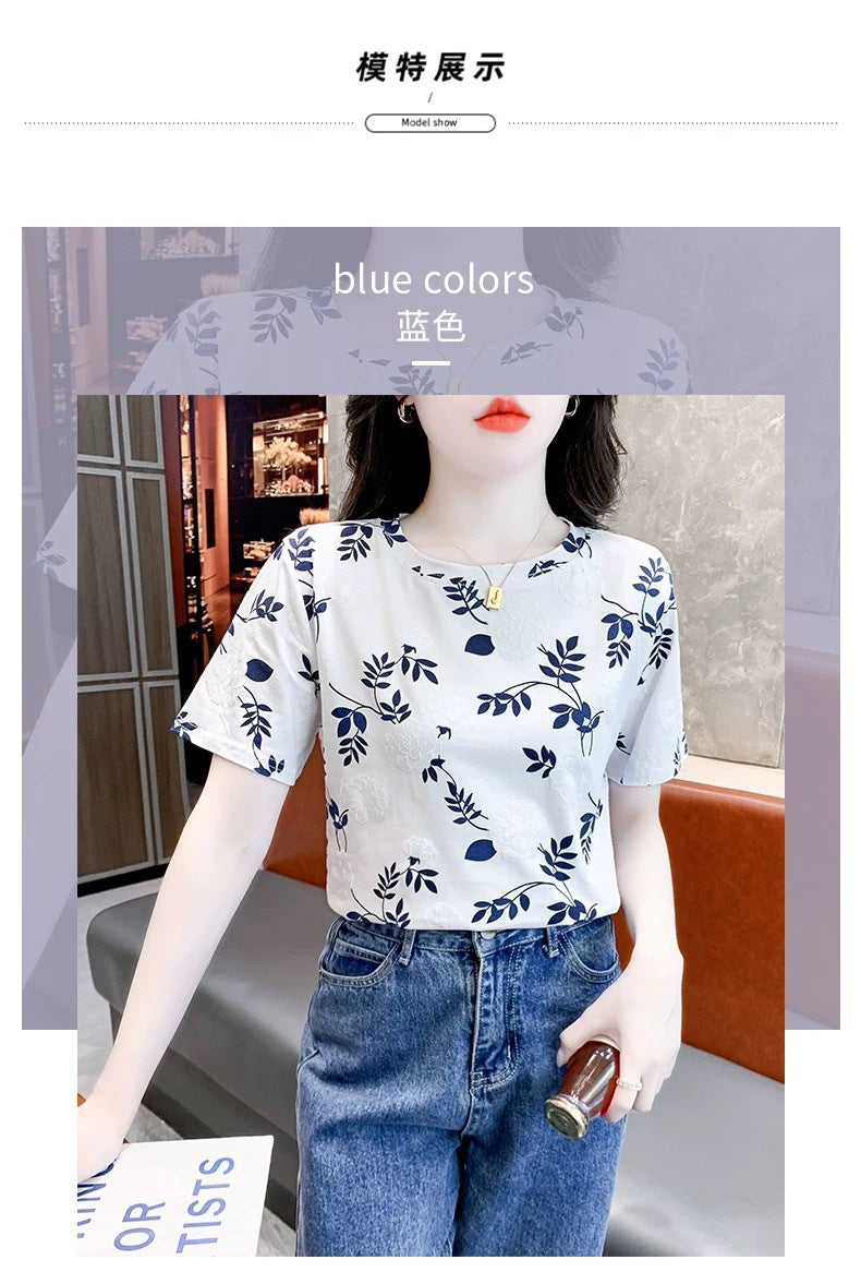 Cross-border new product milk silk round neck short-sleeved women's clothing T Floral Print Foam Base Shirt Loose Fit Women's Top