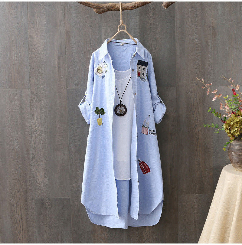 In Stock Japanese and Korean Style Spring Summer Two-Way Cotton Shirt for Women Loose Mid-Length Top Artistic Embroidery Short Sleeve Jacket