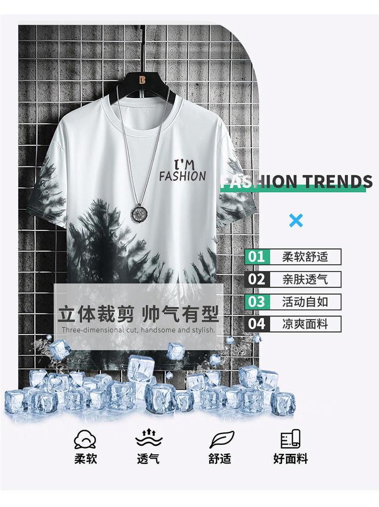 Ice silk short sleeve t Men's Summer T-shirt2025New Trendy Student Youth Half-Sleeve Men's Ice-Sense Ink-Splash T-Shirt