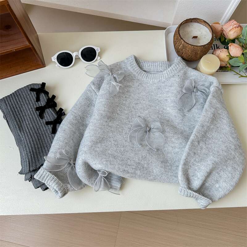 Sweet Little Sister Korean Children's Sweater Spring and Autumn New Fashionable Girls' Korean Style Fashionable Children's Bow Knitted Sweater