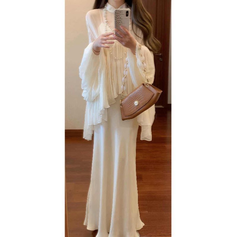 New Chinese Style National Style Set Cool and Relaxed Feel Strap Dress Stand Collar Top Elegant and Decent Two-Piece Dress Set
