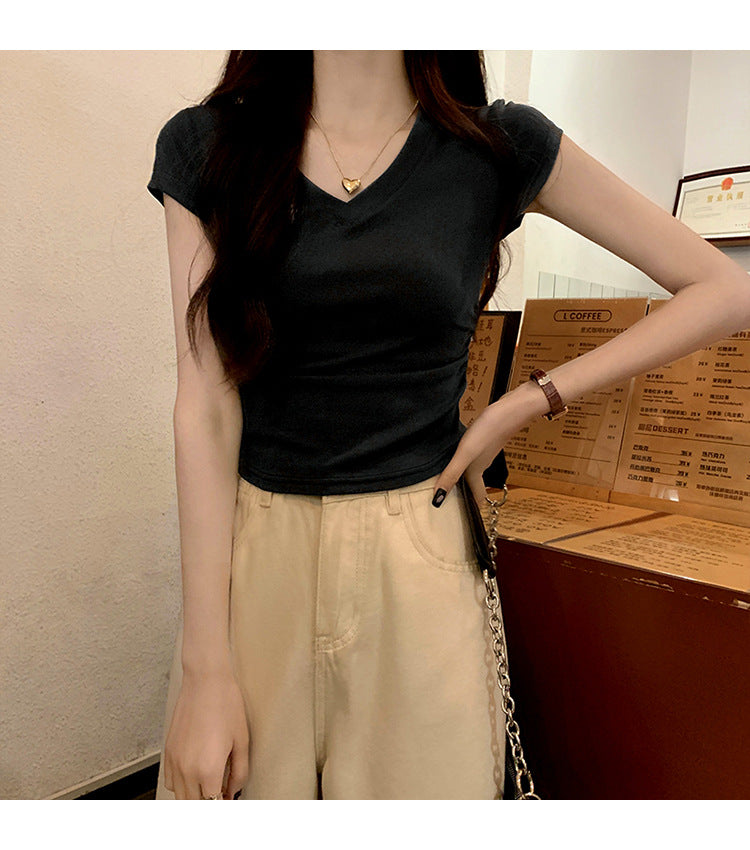 White Slim Fit Ruched t Women's Summer T-shirt2024New design with a structured shoulder and waist-cinching effect for a slimming look V Collar Short Sleeve Top