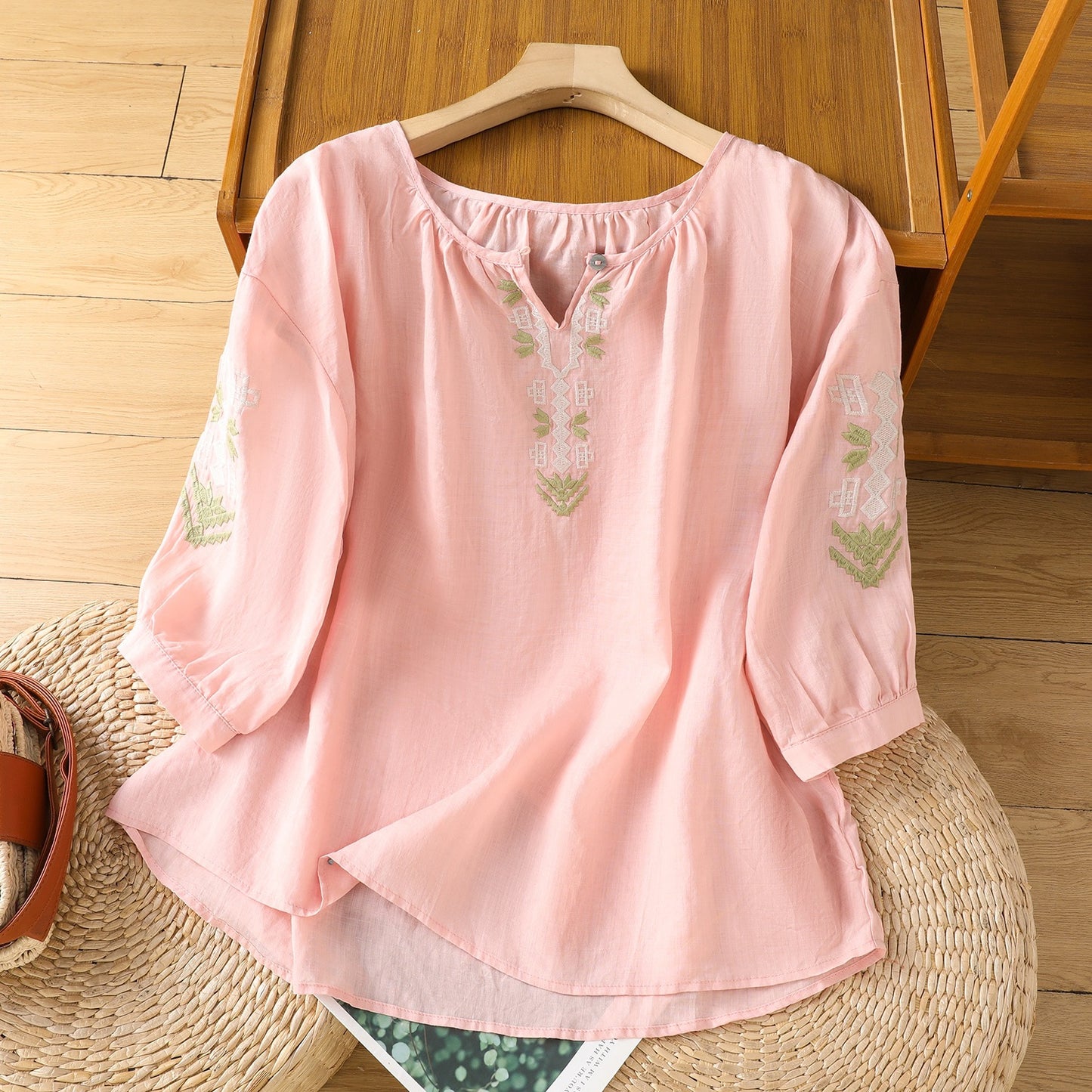 2025Summer New Vacation Ethnic Style Ramie Embroidered Round Neck Shirt for Women Loose Sun Protection Versatile Air Conditioning Shirt