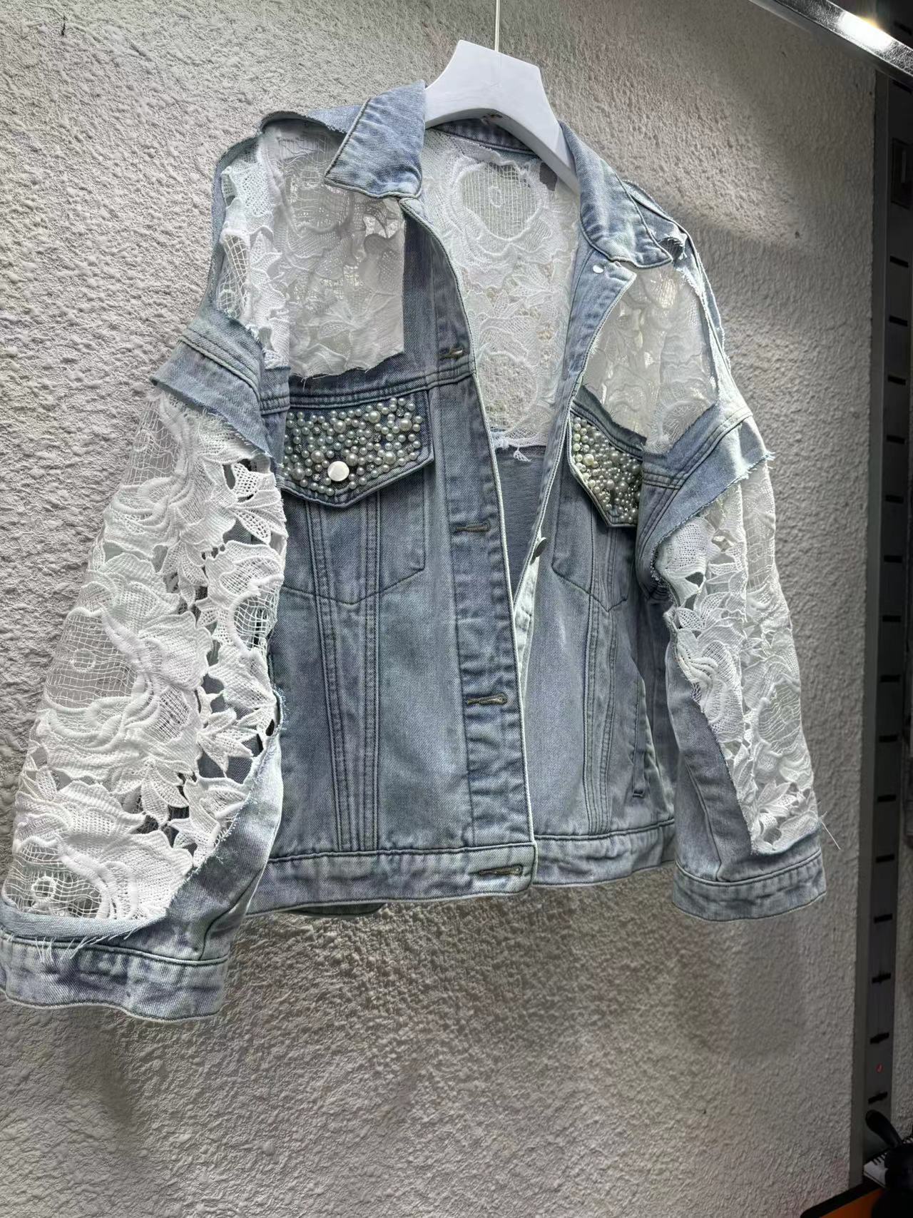 2024Spring and Autumn New Loose Versatile Sunscreen Mesh See-through Lace Embroidered Short Denim Jacket for Women Trendy Top