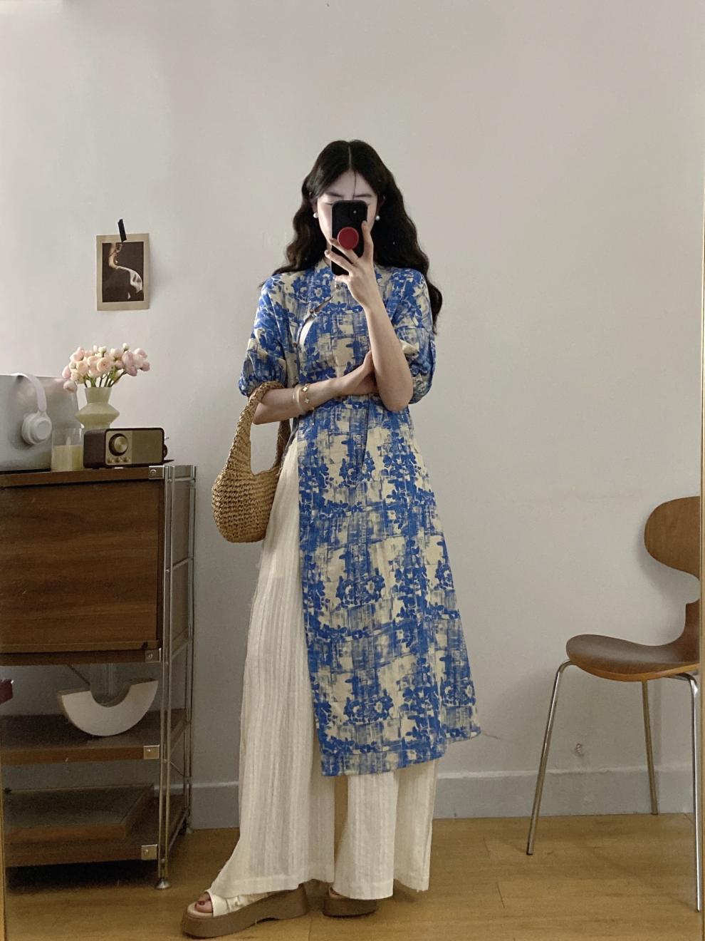 New Chinese Style National Style Set Gentle Temperament Super Beautiful Blue Floral Long Top Casual Long Pants Two-Piece Set