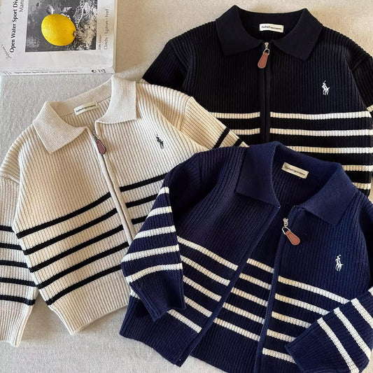 Children's Sweater2025Autumn Style Trendy Brand Boys' Striped Knitted Cardigan Baby Toddler Stylish Zipper Jacket Coat