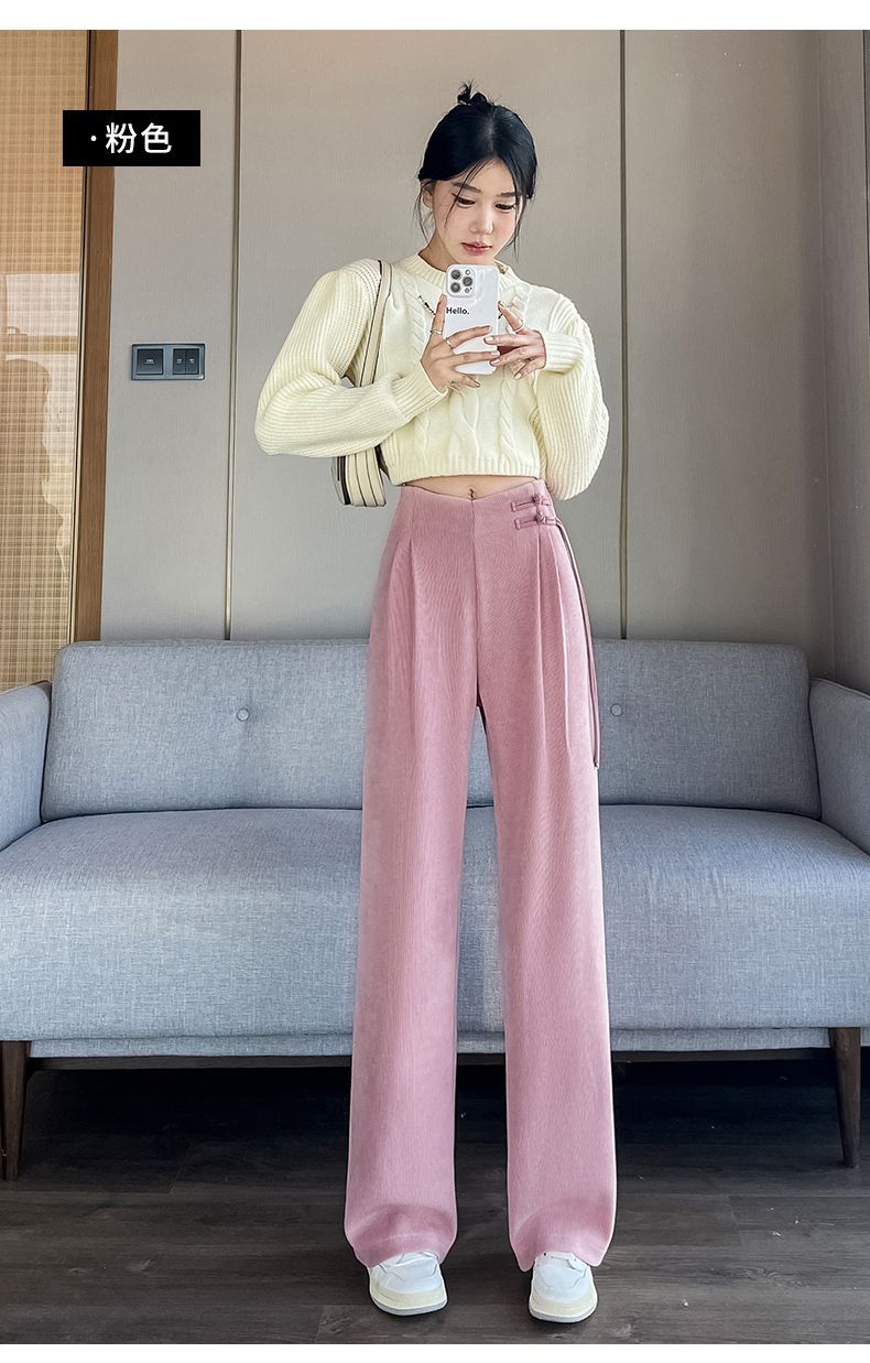 Maillard2025Autumn Winter New Chinese Style Buttoned Fleece Chenille Wide-Leg Pants for Women High Waist Draped Straight-Leg Casual Pants