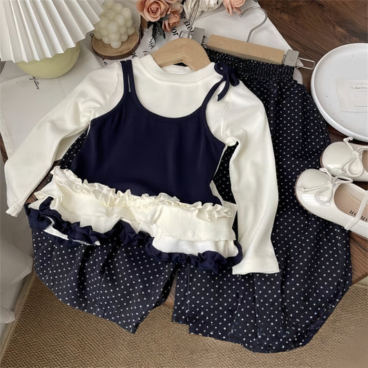 Sweet Little Girl Autumn Outfit Set Autumn Children's Lace Fake Two-Piece t T-shirt Top Polka Dot Pants Baby Set