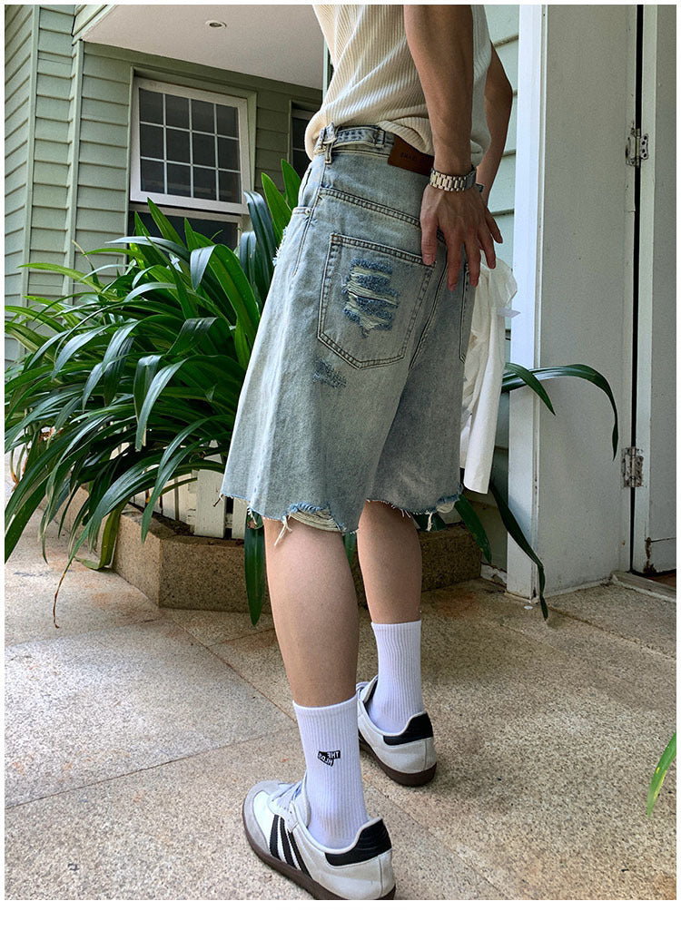 American Style Retro Washed Distressed Denim Shorts for Men Summer Cool Casual Loose Wide-Leg Five-Point Shorts