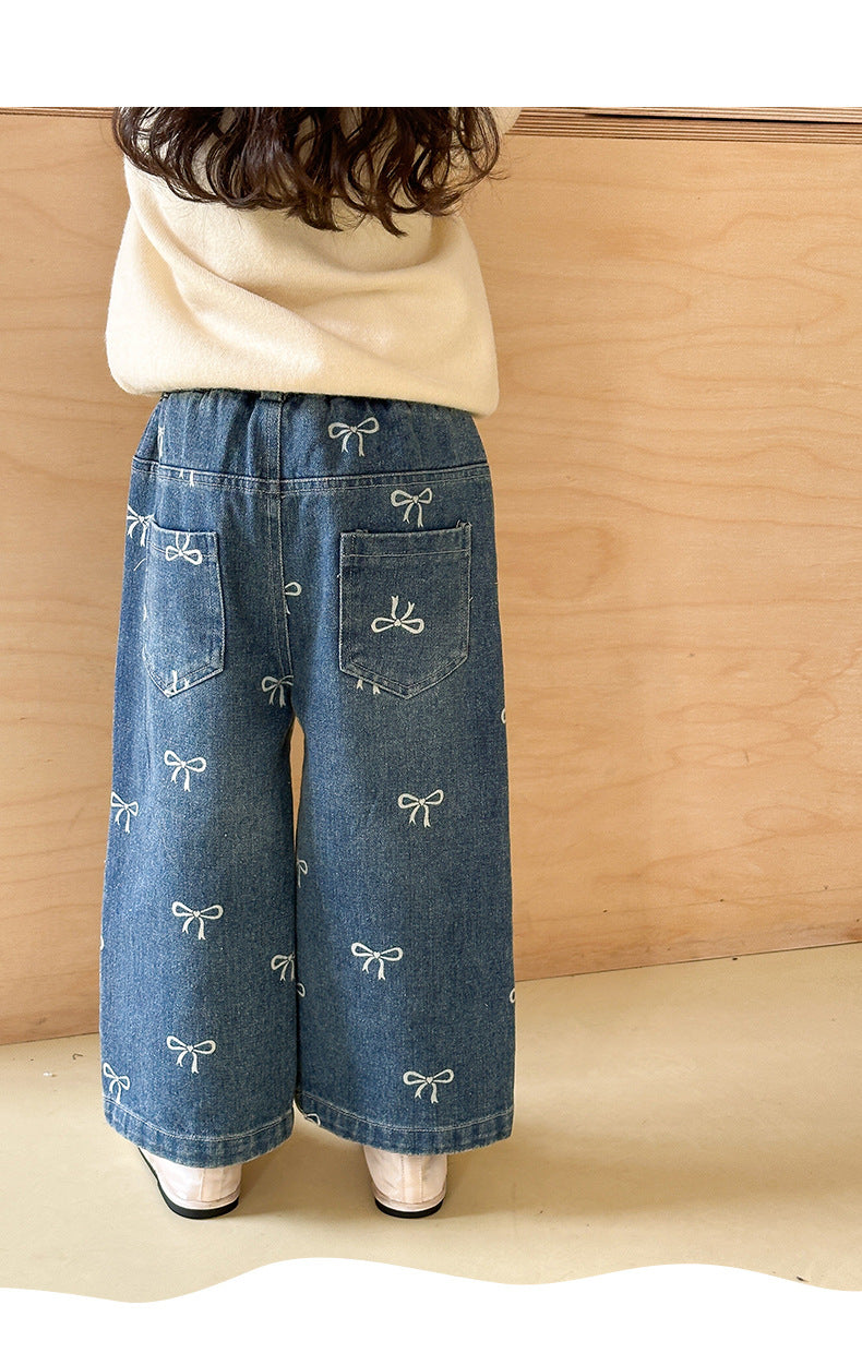 Girls' Pants Bowknot Print Jeans Wide Leg Straight2025Autumn New Fashionable and Stylish for Girls and Young Children