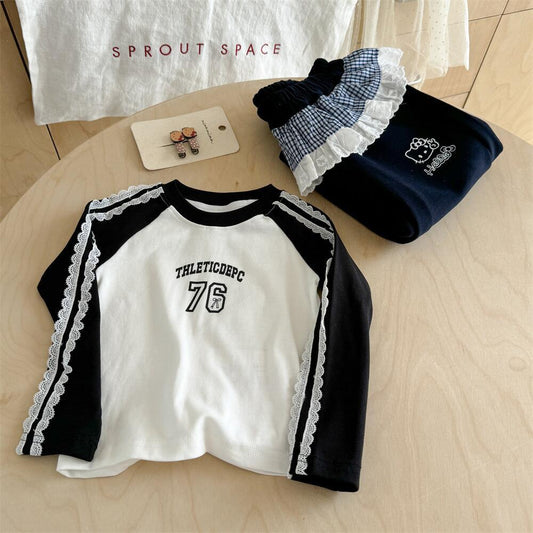 Sweet Little Girl Outfit2025Autumn Cartoon Print Long Sleeve T Trendy Fashionable Casual Cargo Pants with Curtain Design