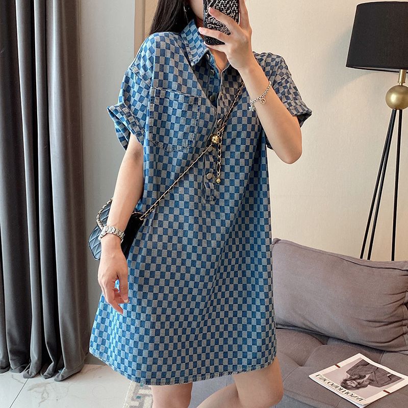 2-300Jin Fat mm Denim Blue Dress for Women Summer New Large Size Mid-Length Loose Short Sleeve T T-shirt Skirt