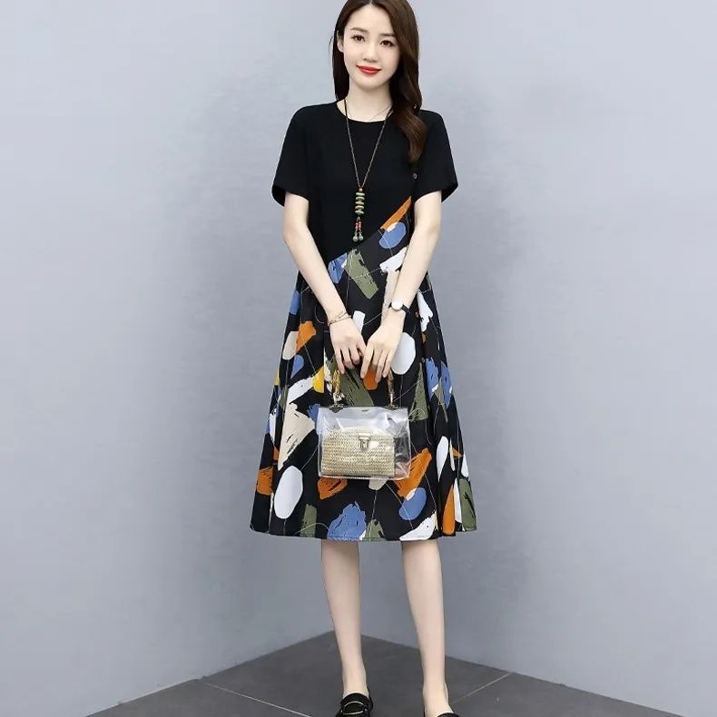 Summer Plus Size Fashion Patchwork Dress2025New Loose Slimming Belly-Covering Age-Reducing Elegant Fake Two-Piece Dress