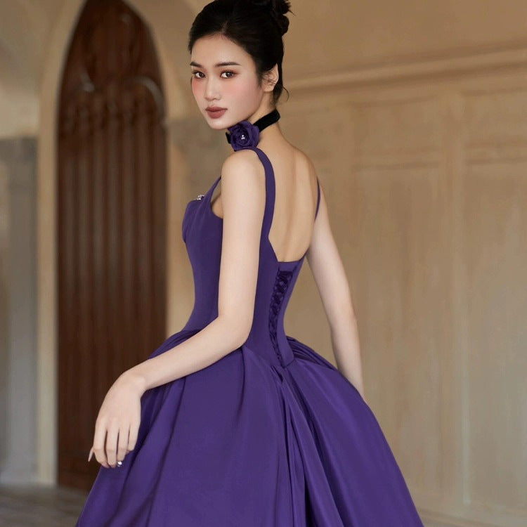 Purple suspender elegant evening dress for birthday party and coming-of-age ceremony2025New Sleeveless Long Dress Satin Elegant Gown