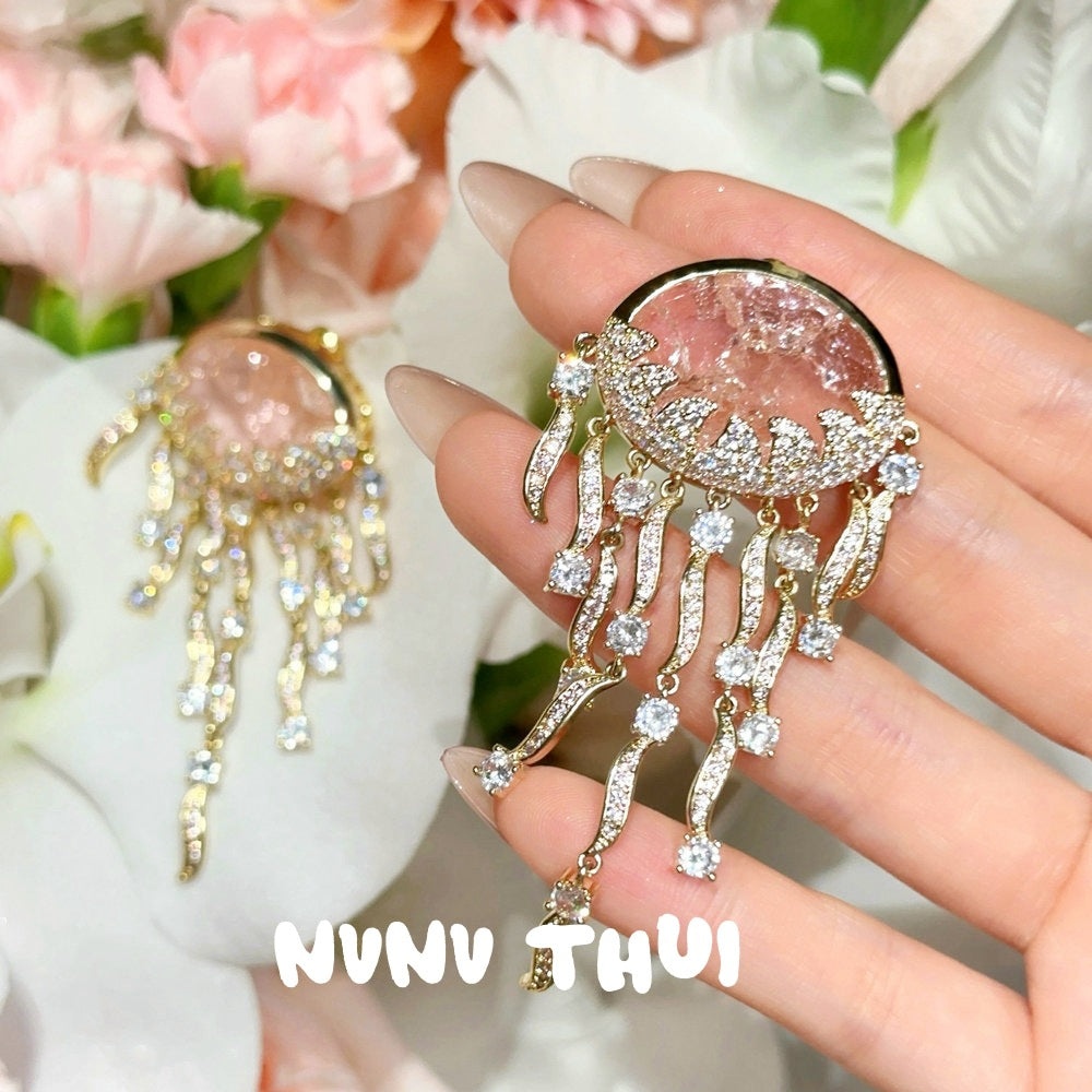 Sparkling Paphos Cloud Pattern Jellyfish Tassel Gemstone Earrings The Joy of a Rich Woman Egg-shaped Princess Pink Earrings