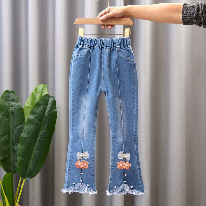 Children's Clothing Wholesale Girls' Jeans Spring and Autumn New Style Medium and Large Children's Slim Pants Baby Casual Girls' Flared Long Pants