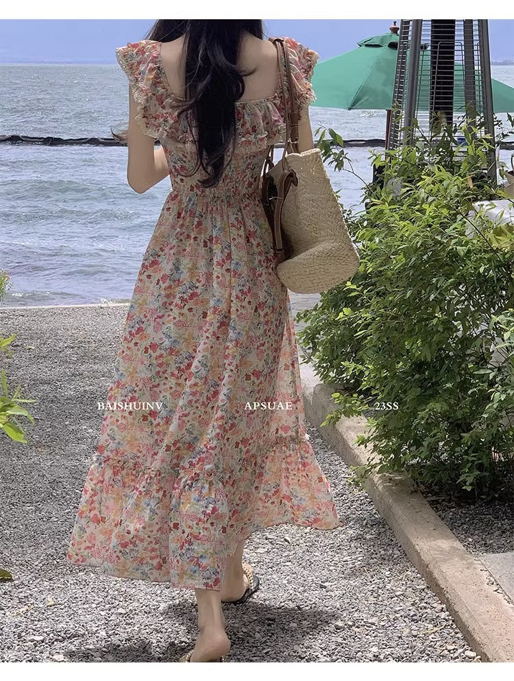 Floral Square Neck Slim Fit Women's Dress for Beach Vacation Casual Long Dress