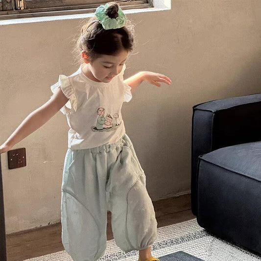 Sweet Little Girl Summer New Cute Lace Cartoon Vest and Jogger Anti-Mosquito Pants Two-Piece Set Trendy