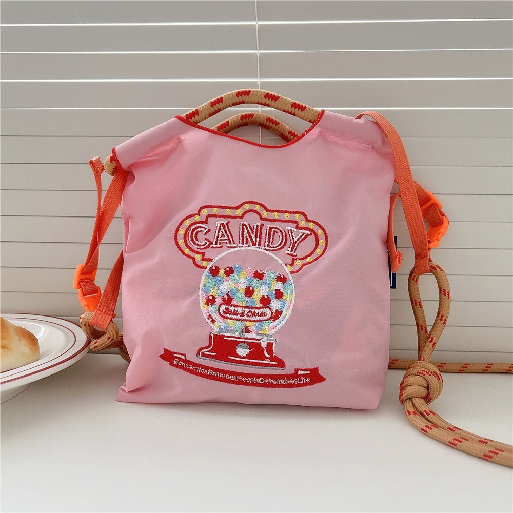 Japanese Style BallChain Same Style Eco-Friendly Embroidered Shopping Bag Nylon Fabric Floral Handheld Niche Fashion Shopping Bag