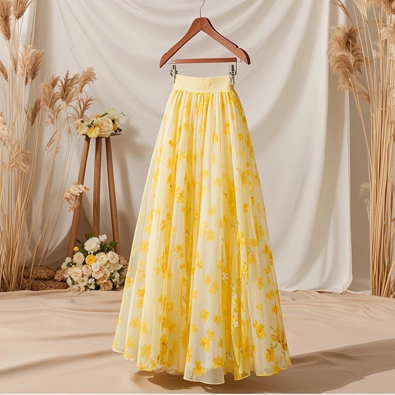 This Year's Hot New Style Petite French Draped Super Beautiful High Waist Yellow Floral Skirt for Women Summer