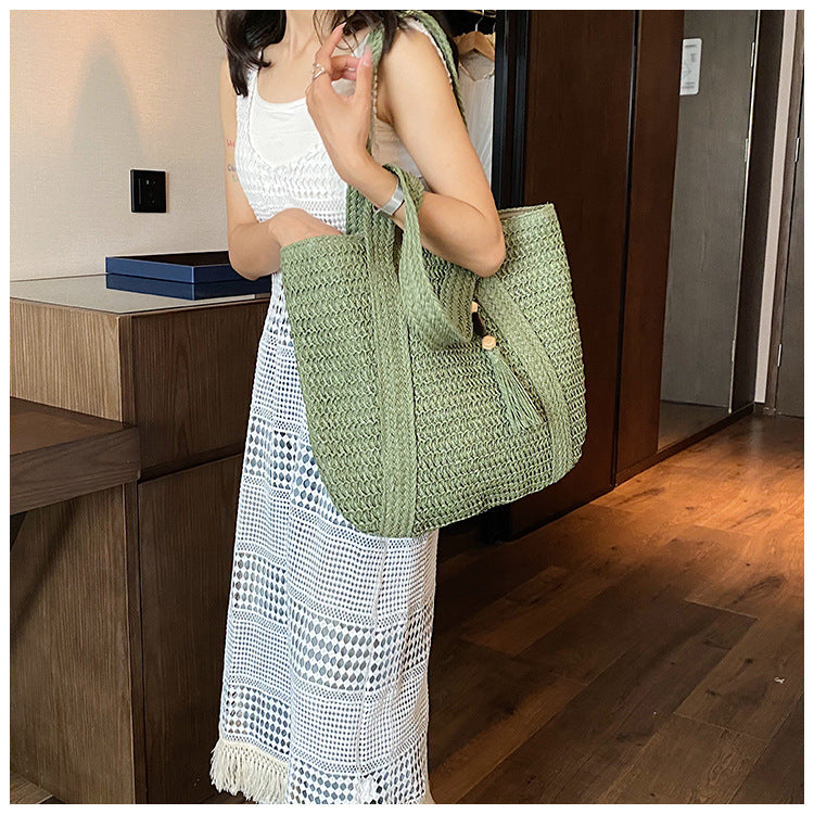 Cross-Border Hot-Selling Women's Bag Simple Large Capacity Lightweight Woven Bucket Beach Bag Trendy Straw New Handheld Shoulder Bag