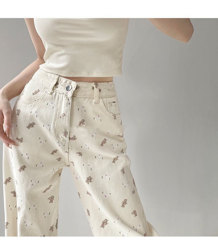 Yuejiaoer Original American Style Cartoon Bear Print Jeans for Women New Flared Loose Straight Wide-Leg Floor-Length Pants
