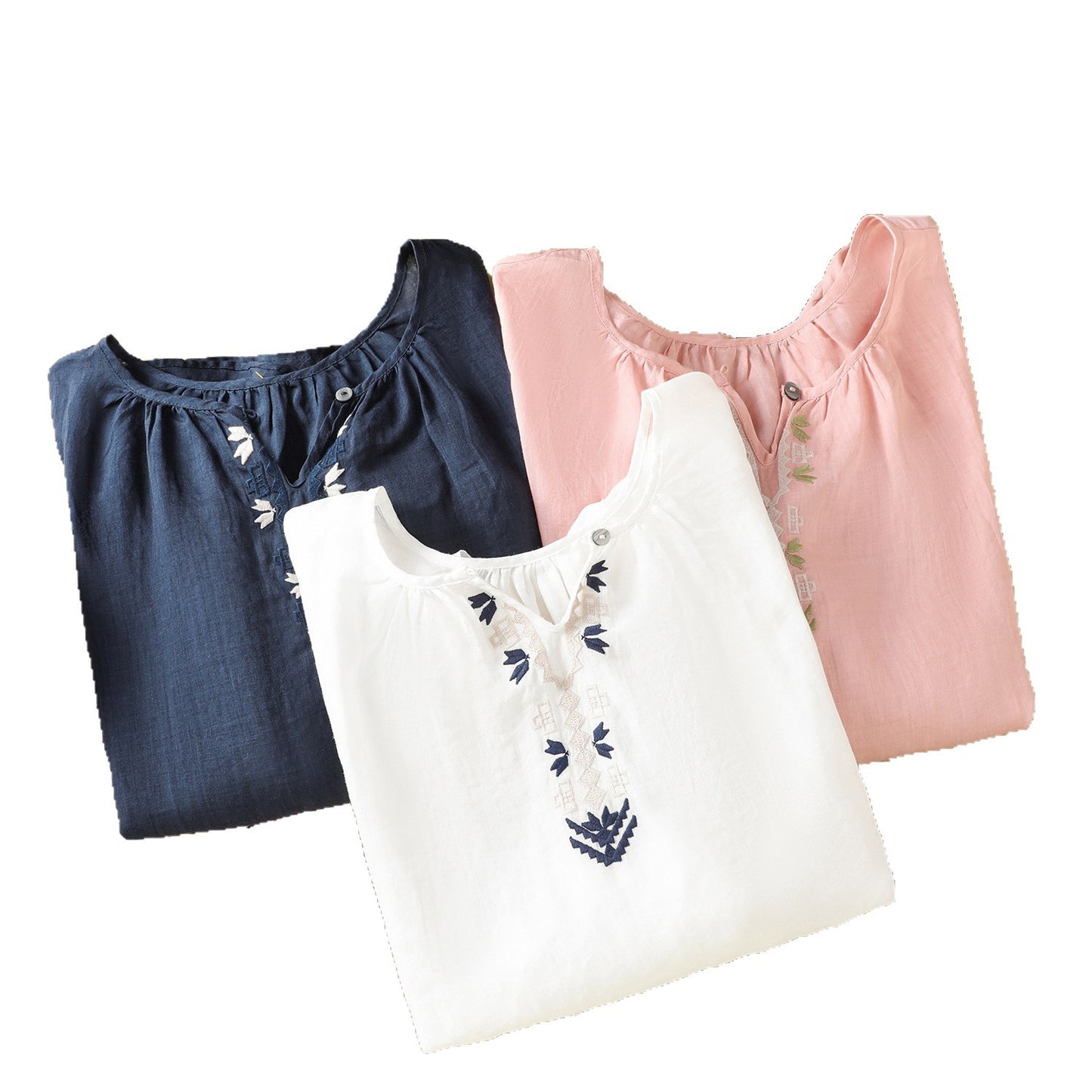 2025Summer New Vacation Ethnic Style Ramie Embroidered Round Neck Shirt for Women Loose Sun Protection Versatile Air Conditioning Shirt
