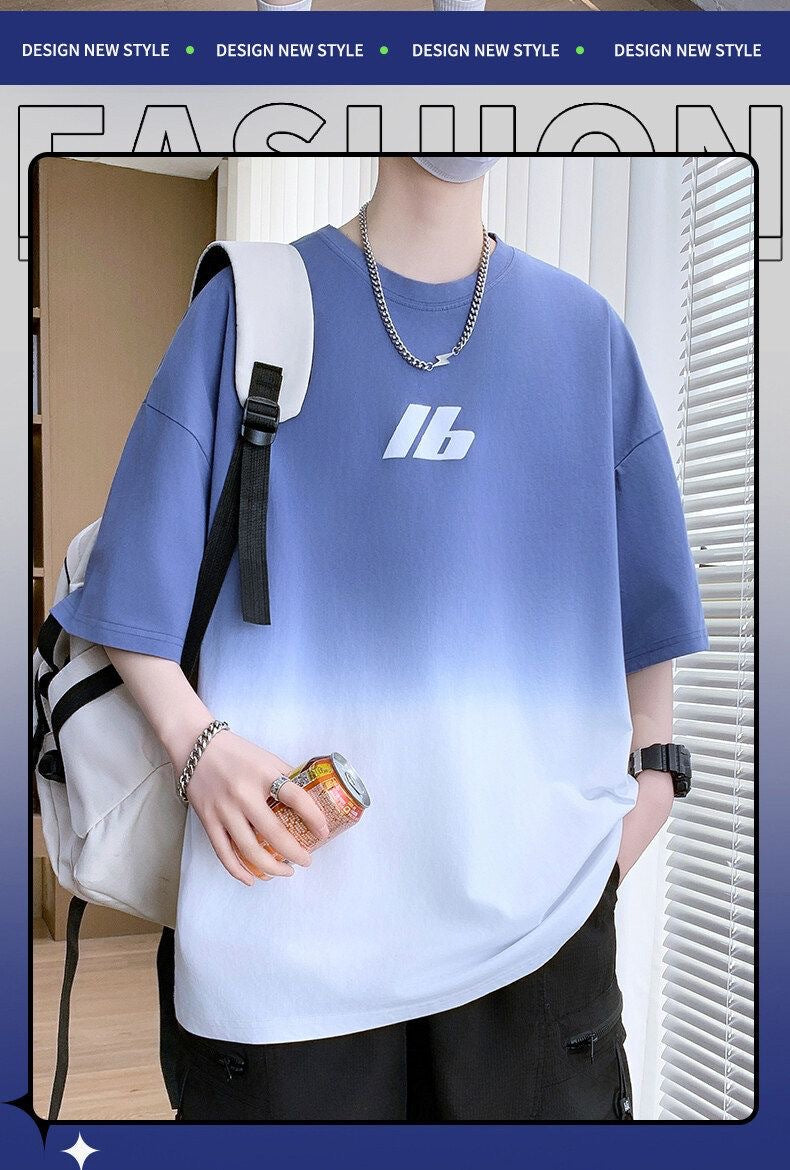 2025Summer New Men's Youth Casual Stylish Trendy Loose Short Sleeve T Shirt Gradient Color for Middle and High School Students