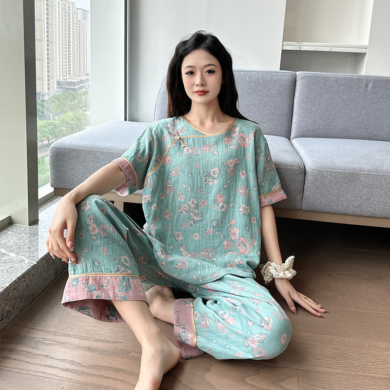 New Chinese Style Retro National Style Cotton Gauze Pajamas Plus Size for Women mm Summer Thin Loose Fit200Pure Cotton Homewear
