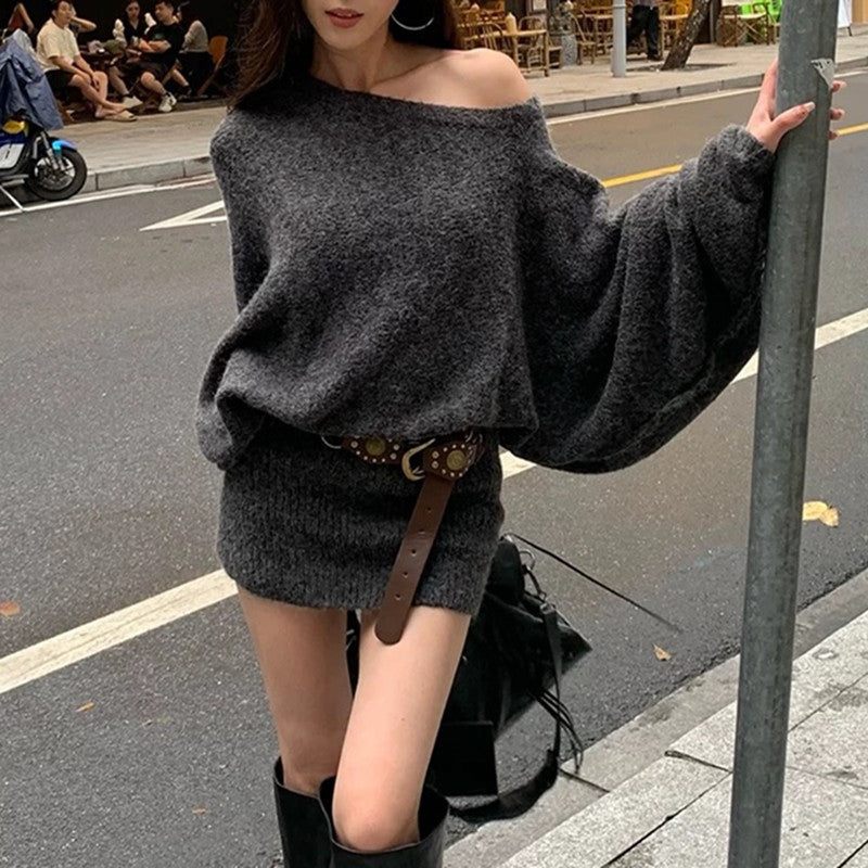 Korean Style Asymmetrical Shoulder Batwing Sleeve Sweater Dress for Women2025Autumn and Winter New Style Belted Elegant Hot Girl Bodycon Mini Dress