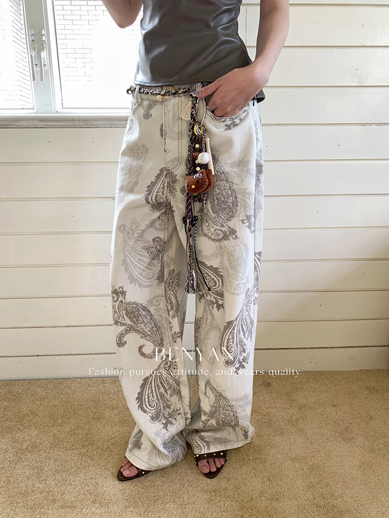 Original text Thirteen Lines Autumn Loose Retro Print Versatile Casual Jeans for Women【Includes Waist Belt】82285