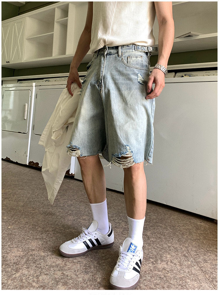 American Style Retro Washed Distressed Denim Shorts for Men Summer Cool Casual Loose Wide-Leg Five-Point Shorts
