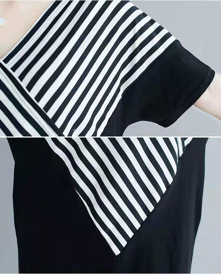 Korean Style Mid-Length Short-Sleeve Striped Patchwork Skirt, Belly-Covering, Slimming, Plus Size, Loose-Fit, Casual V Women's Trendy Collared Dress